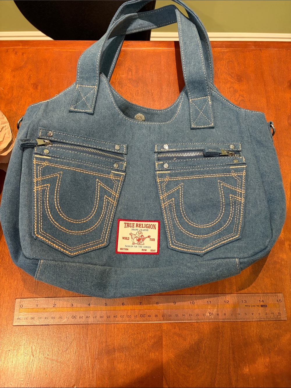 True Religion Denim Tote with embroidered pockets with zips - Picture 7 of 14